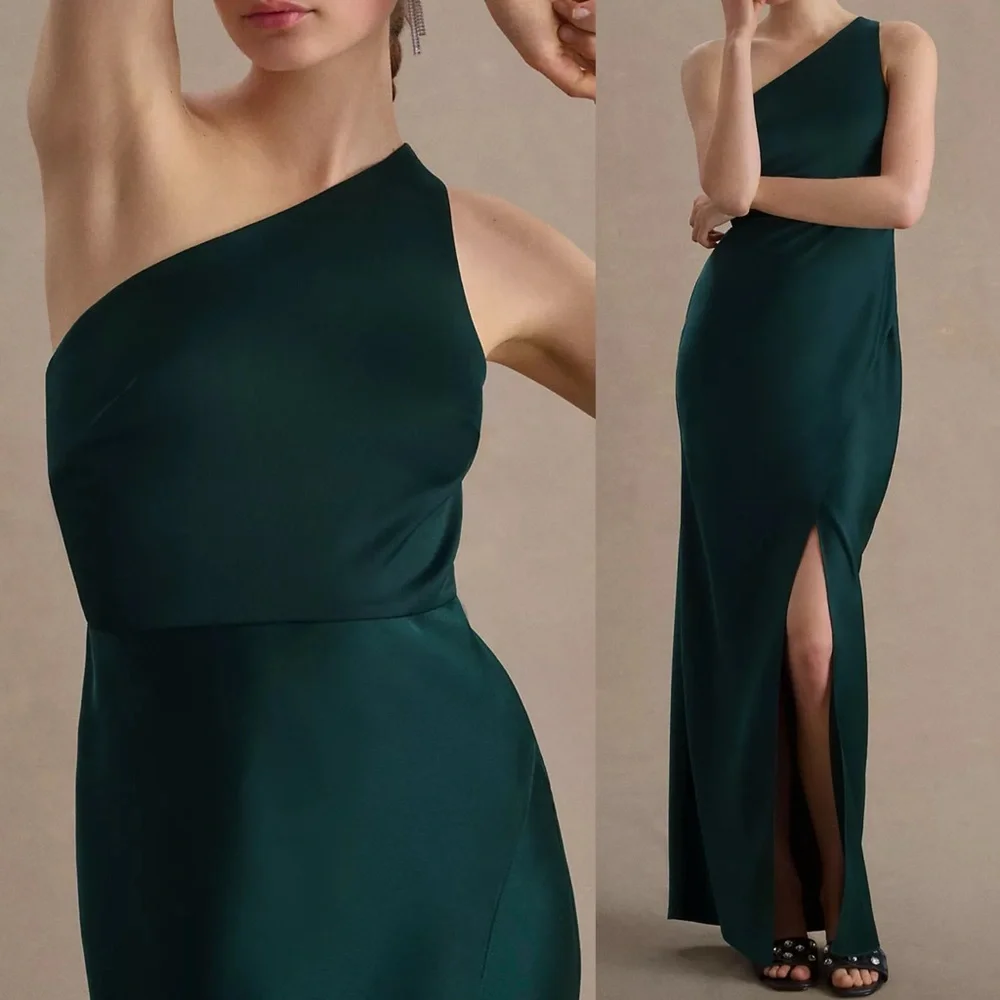 BHLDN Dylan One Shoulder Satin Side Slit Gown Dress Dark Emerald Green NEW 10 - Picture 1 of 9
